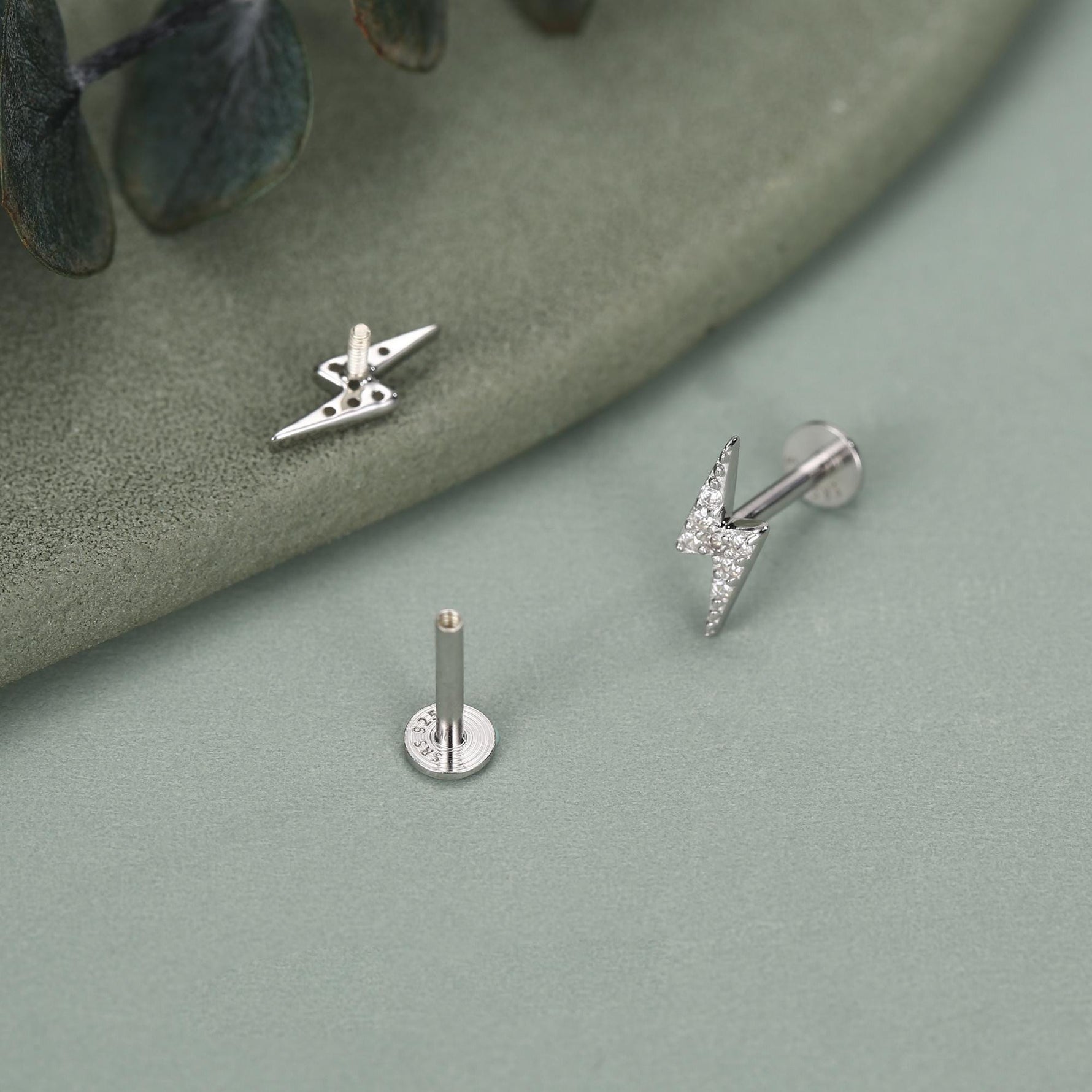 Sterling Silver CZ Lightning Bolt 16G Flat Back Labret