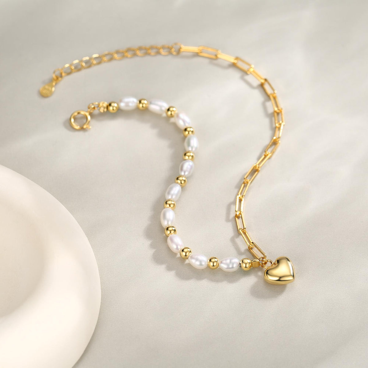 Freshwater Pearl and Paperclip Beaded Bracelet with a Heart Charm