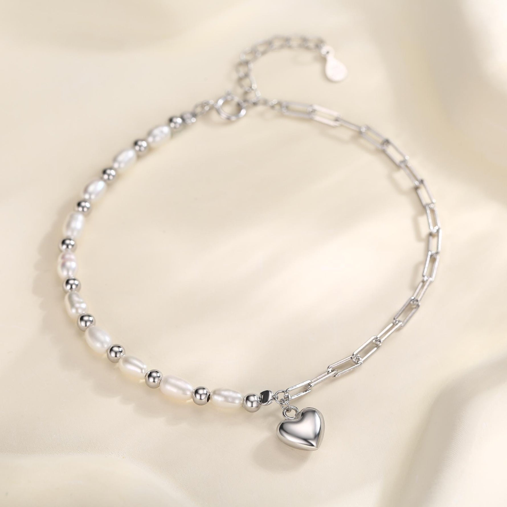 Freshwater Pearl and Paperclip Beaded Bracelet with a Heart Charm