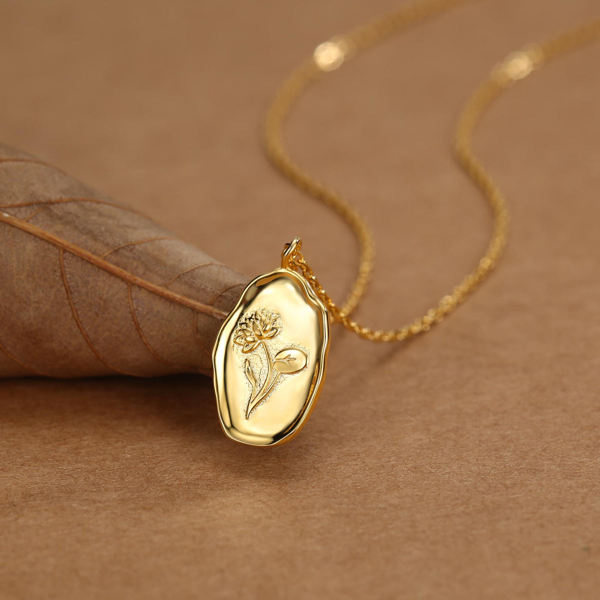Water Lily Flower Oval Pendant Necklace