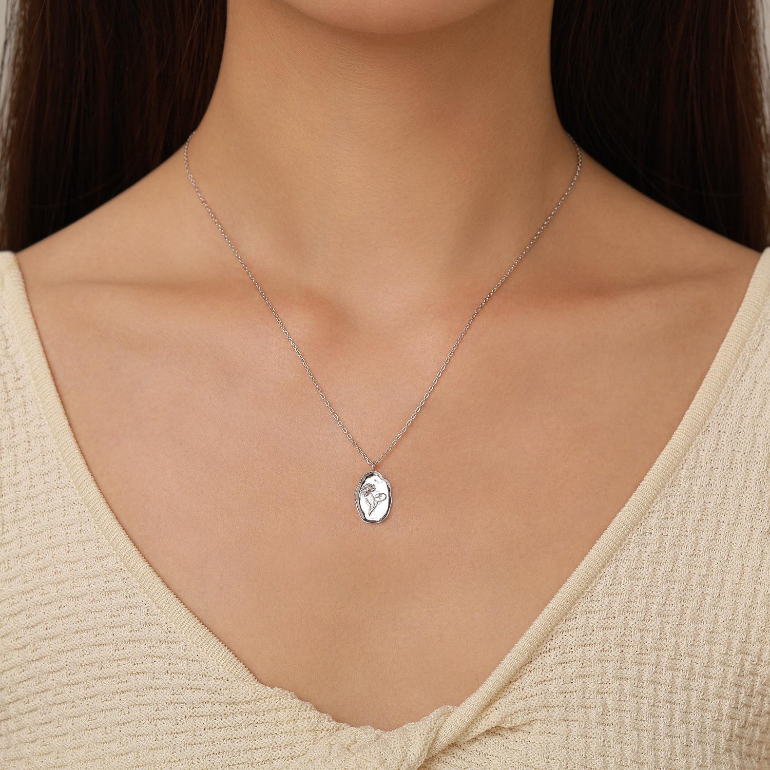 Water Lily Flower Oval Pendant Necklace