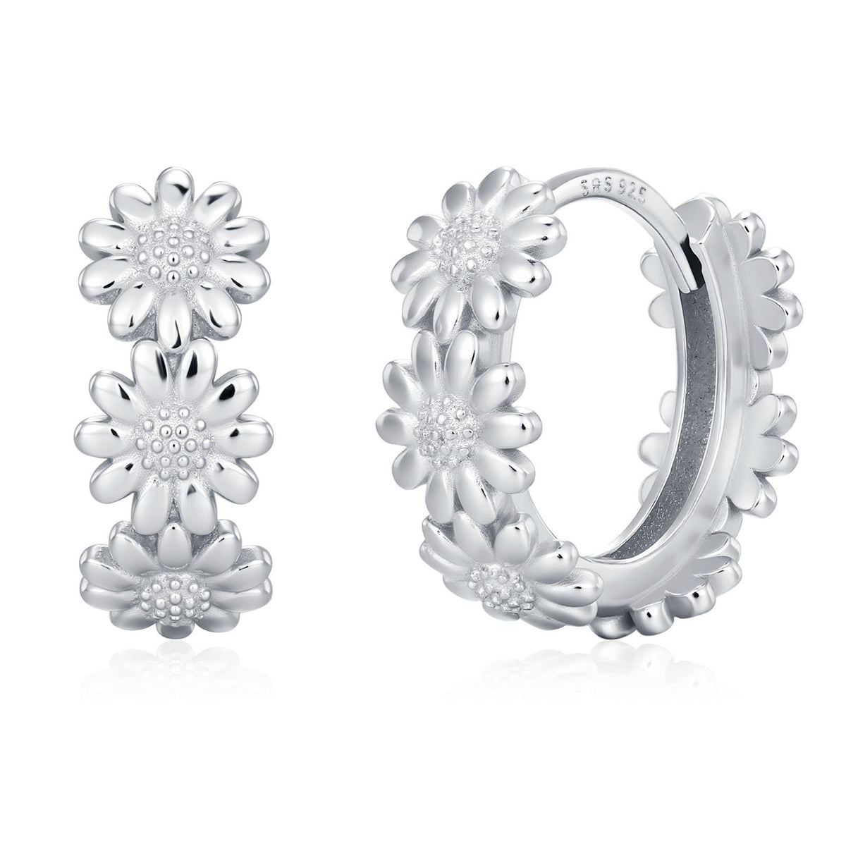 Daisy Flower Chain Huggie Hoop in Sterling Silver, Delicate Flower hoop Earrings, Floral Earrings, 10mm Inner Diameter