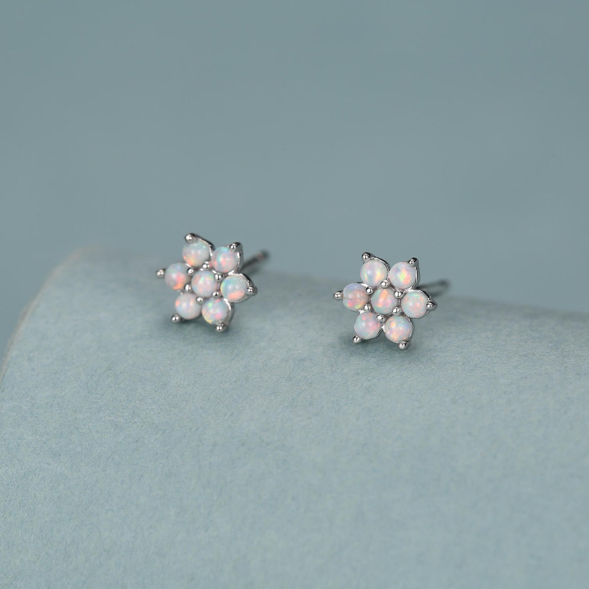 Opal Flower Stud Earrings in Sterling Silver - Gold or Silver - Opal Snowflake - 7 Opal Cluster - Petite Stud Earrings
