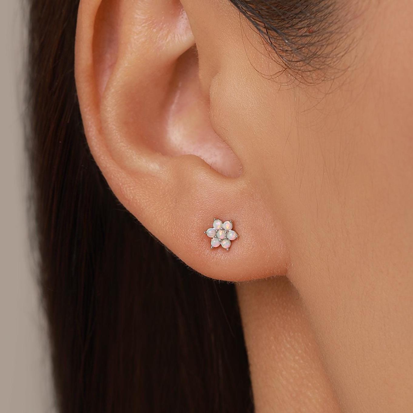 Opal Flower Stud Earrings in Sterling Silver - Gold or Silver - Opal Snowflake - 7 Opal Cluster - Petite Stud Earrings