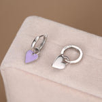Lilac Purple Enamel Heart Earrings in Sterling Silver, Detachable Heart Charm Dangle Hoop Earrings, Interchangeable
