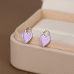 Lilac Purple Enamel Heart Earrings in Sterling Silver, Detachable Heart Charm Dangle Hoop Earrings, Interchangeable