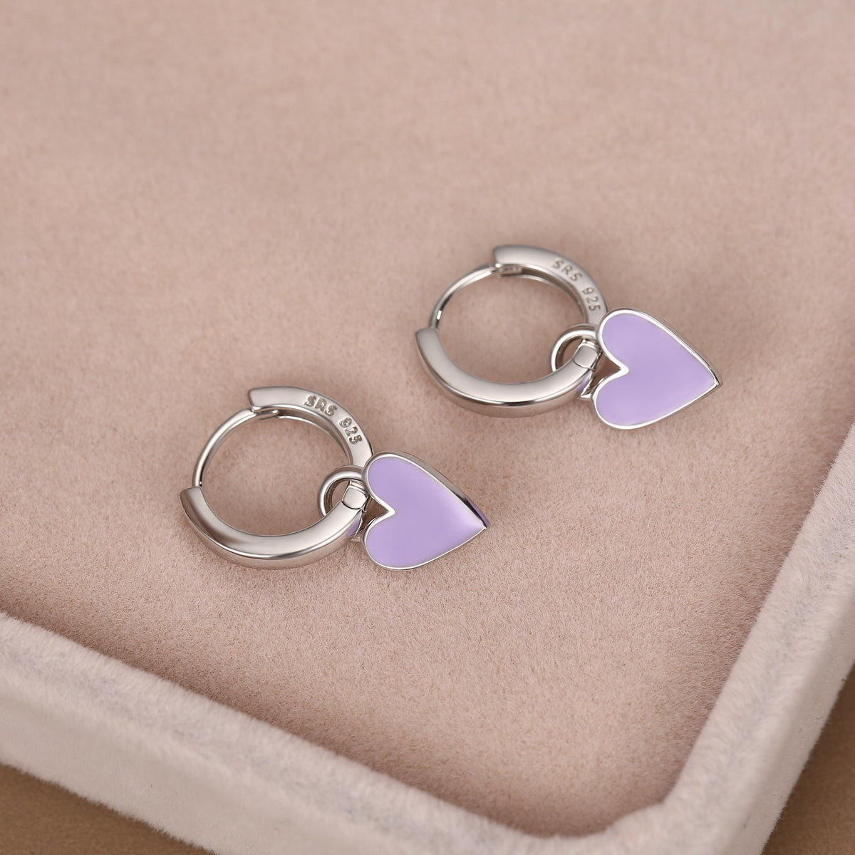 Lilac Purple Enamel Heart Earrings in Sterling Silver, Detachable Heart Charm Dangle Hoop Earrings, Interchangeable