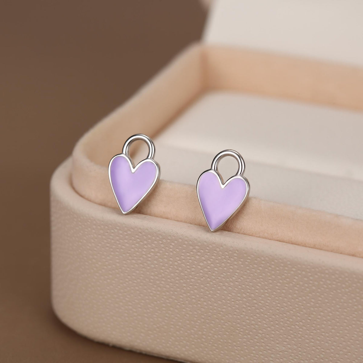 Purple Enamel Heart Earring Charms in Sterling Silver for Huggie Hoops