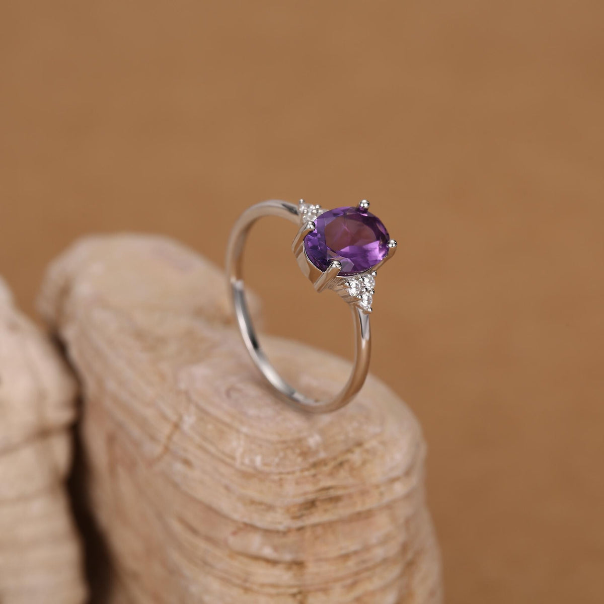 Vintage Amethyst Oval Gemstone Ring with CZ Accents
