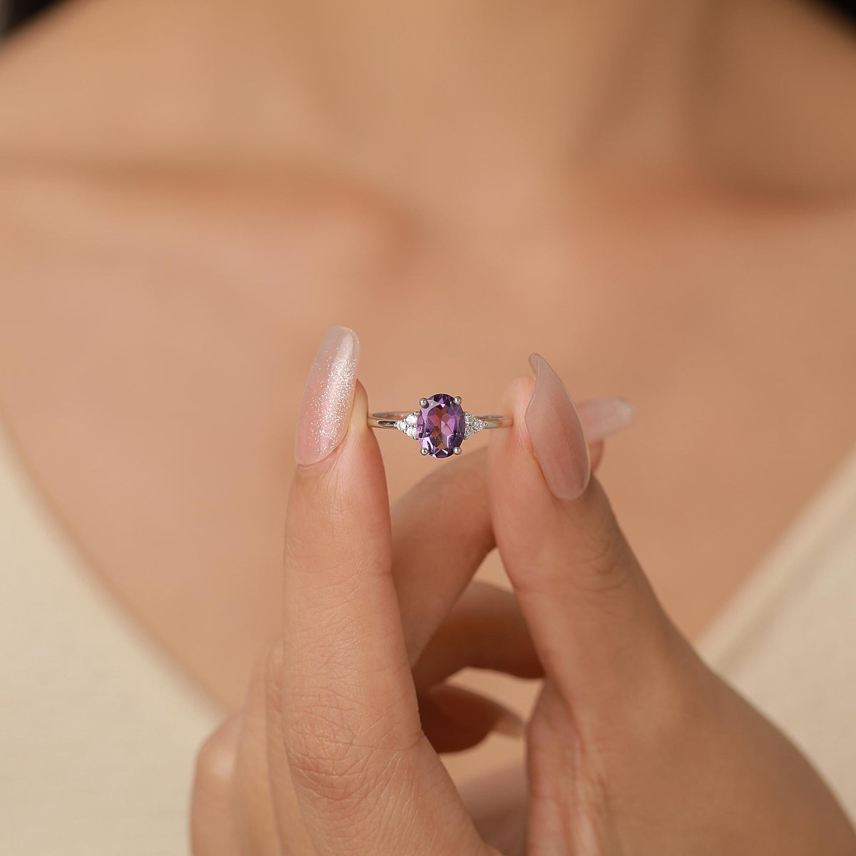 Vintage Amethyst Oval Gemstone Ring with CZ Accents