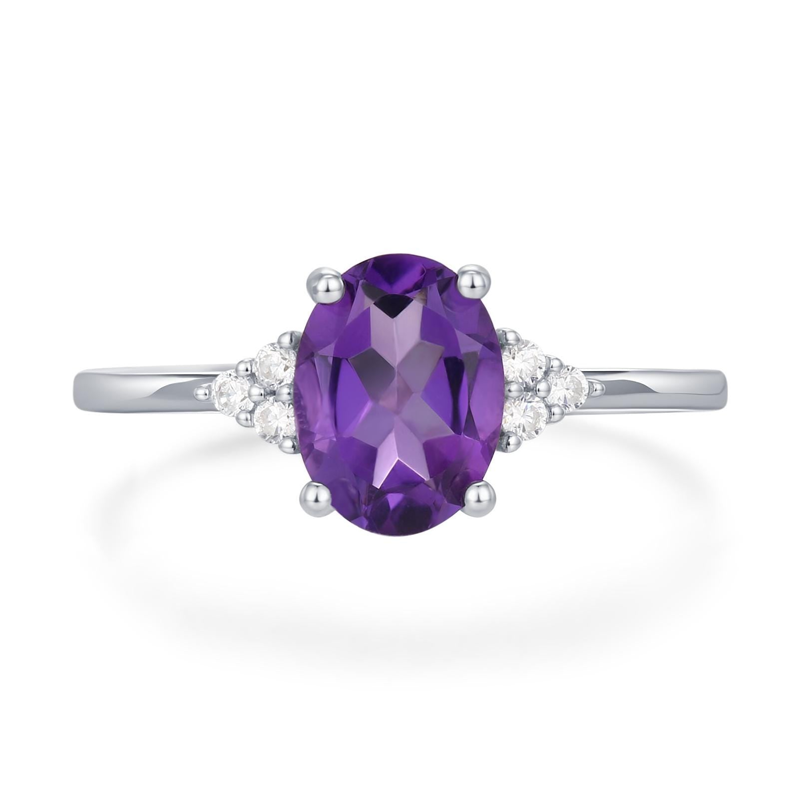 Vintage Amethyst Oval Gemstone Ring with CZ Accents