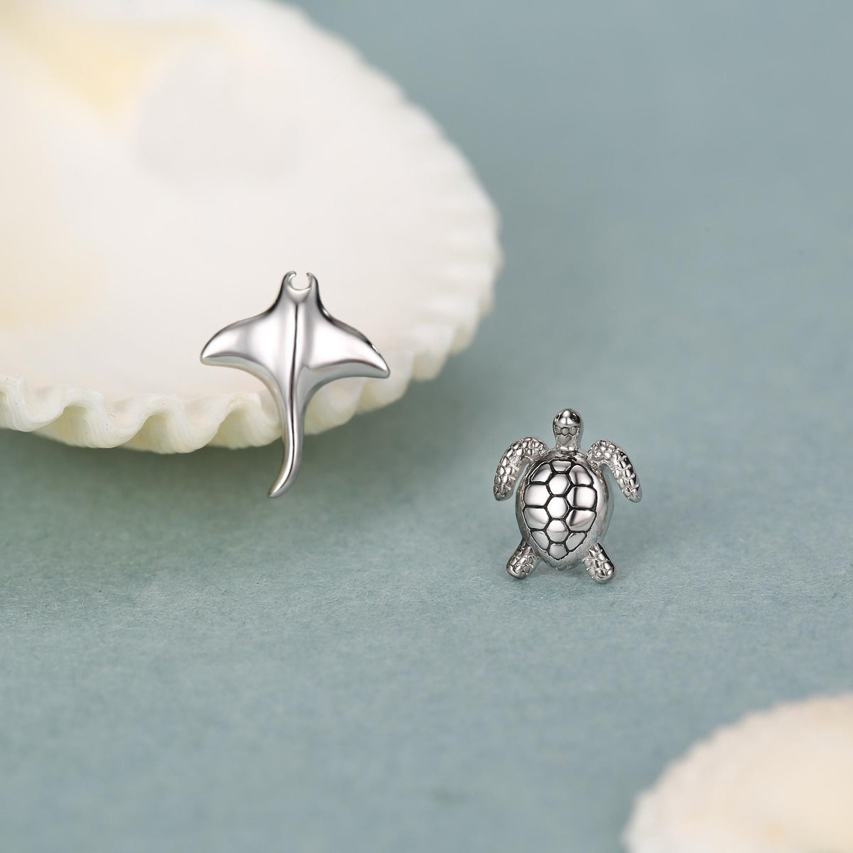 Mismatched Manta Ray and Sea Turtle Stud Earrings
