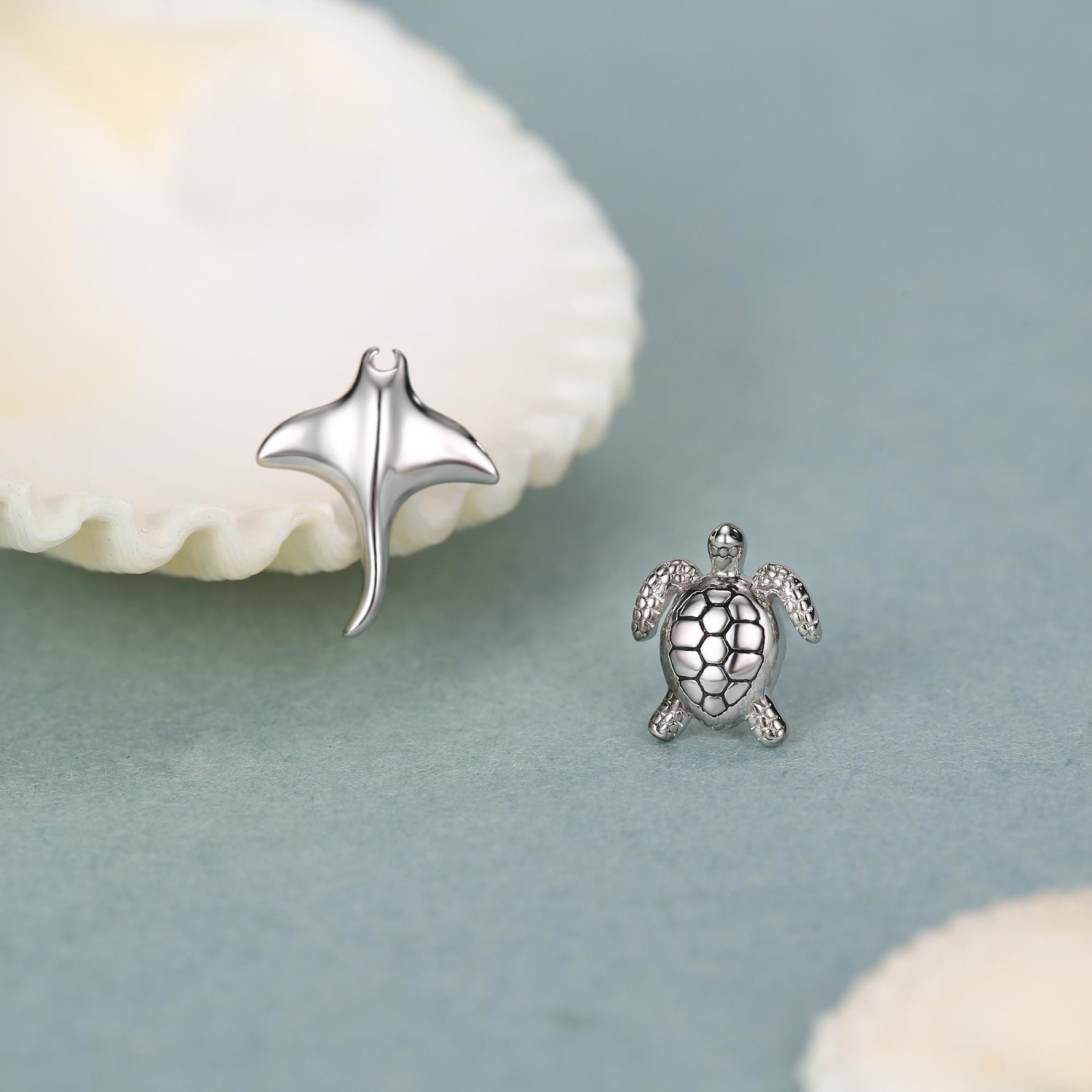 Mismatched Manta Ray and Sea Turtle Stud Earrings