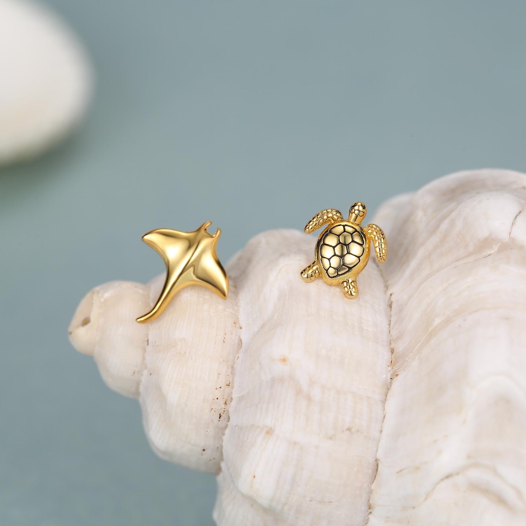 Mismatched Manta Ray and Sea Turtle Stud Earrings