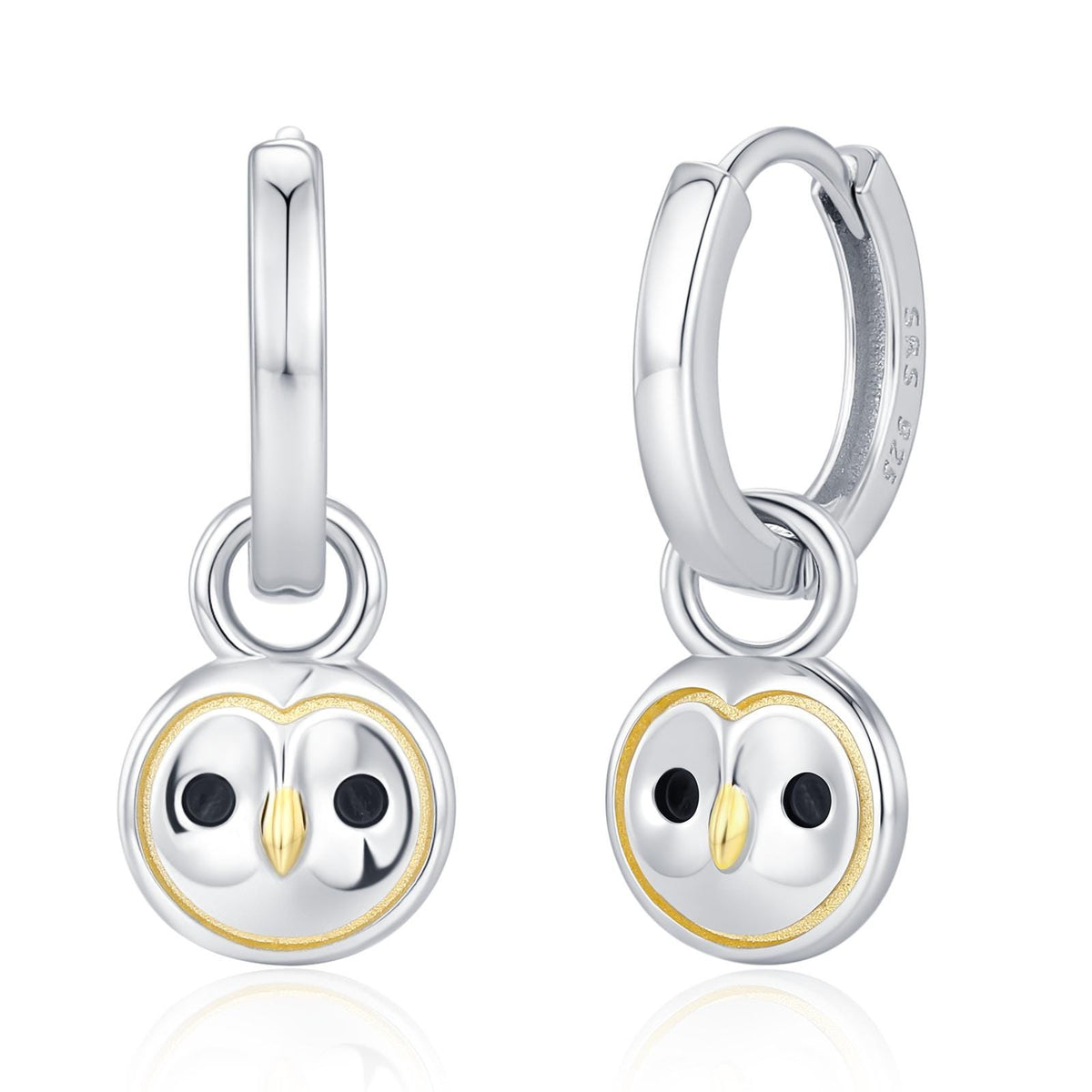 Super Cute Barn Owl Huggie Earrings in Sterling Silver - Cute Baby Owl Huggie Hoops, Detachable Owl Charm Hoops