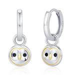 Super Cute Barn Owl Huggie Earrings in Sterling Silver - Cute Baby Owl Huggie Hoops, Detachable Owl Charm Hoops
