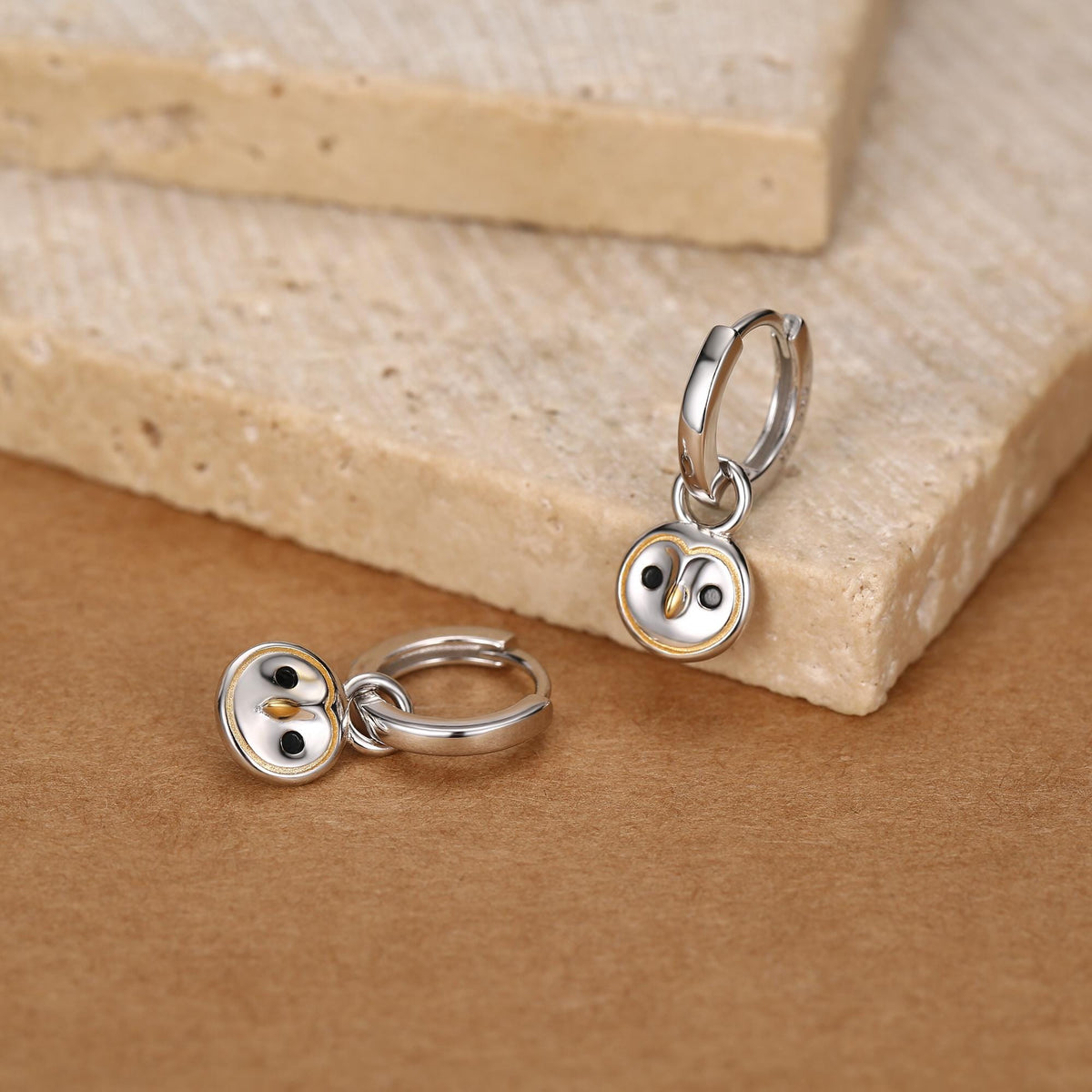 Super Cute Barn Owl Huggie Earrings in Sterling Silver - Cute Baby Owl Huggie Hoops, Detachable Owl Charm Hoops