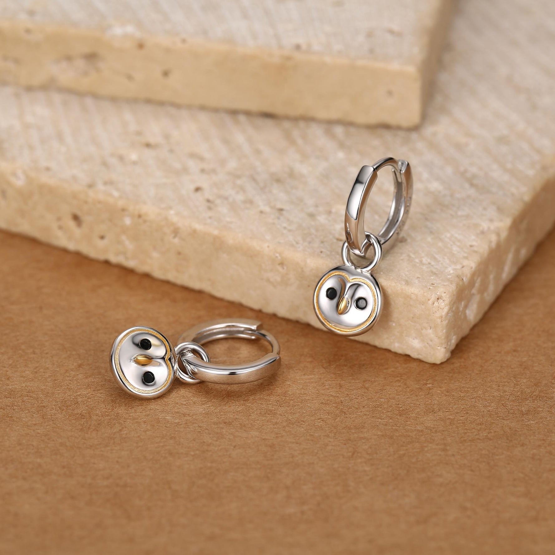 Super Cute Barn Owl Huggie Earrings in Sterling Silver - Cute Baby Owl Huggie Hoops, Detachable Owl Charm Hoops