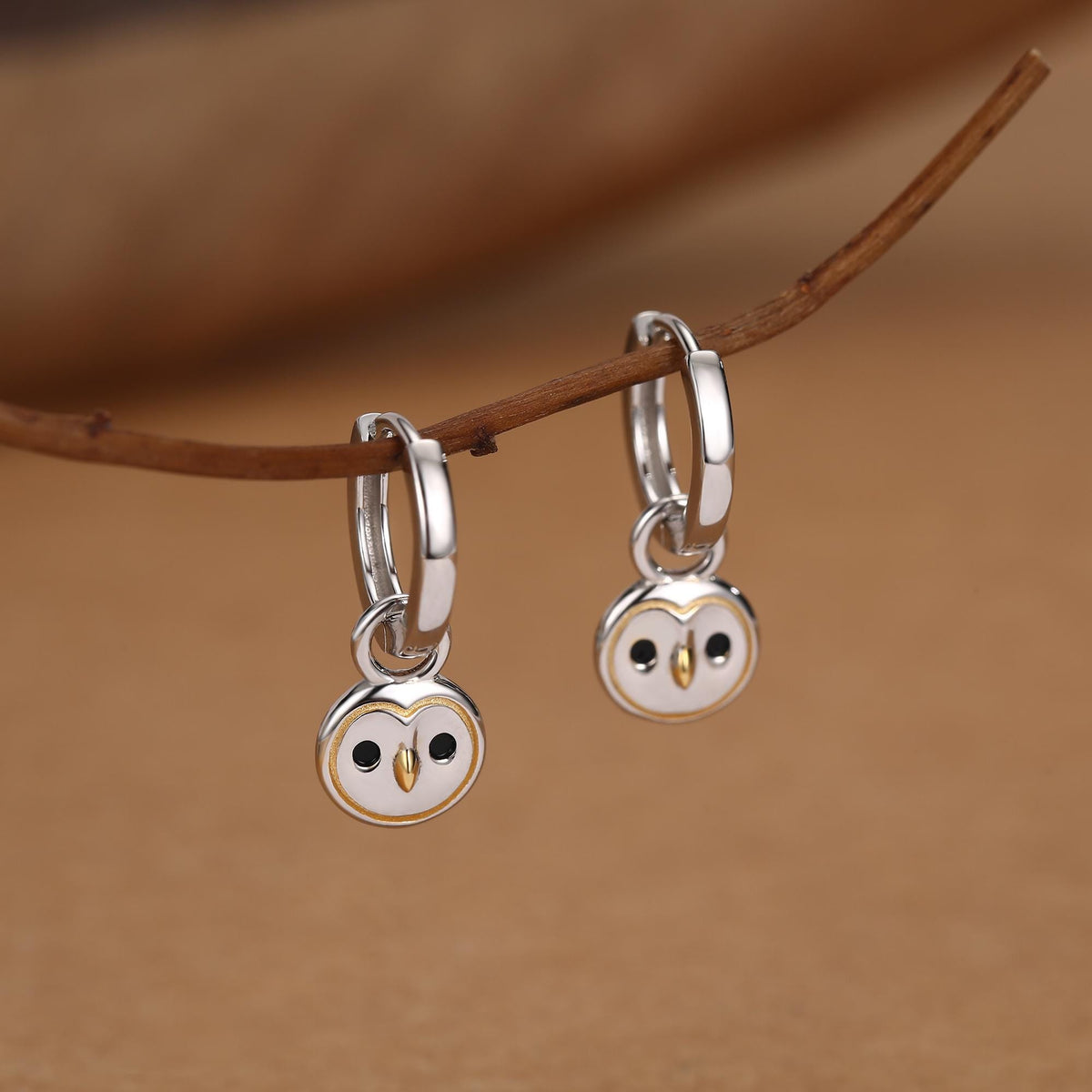 Super Cute Barn Owl Huggie Earrings in Sterling Silver - Cute Baby Owl Huggie Hoops, Detachable Owl Charm Hoops