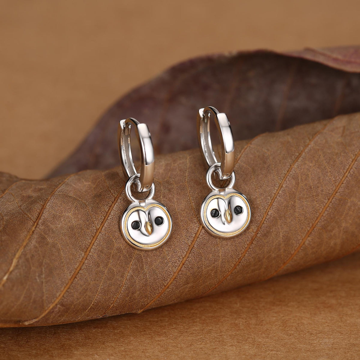 Super Cute Barn Owl Huggie Earrings in Sterling Silver - Cute Baby Owl Huggie Hoops, Detachable Owl Charm Hoops