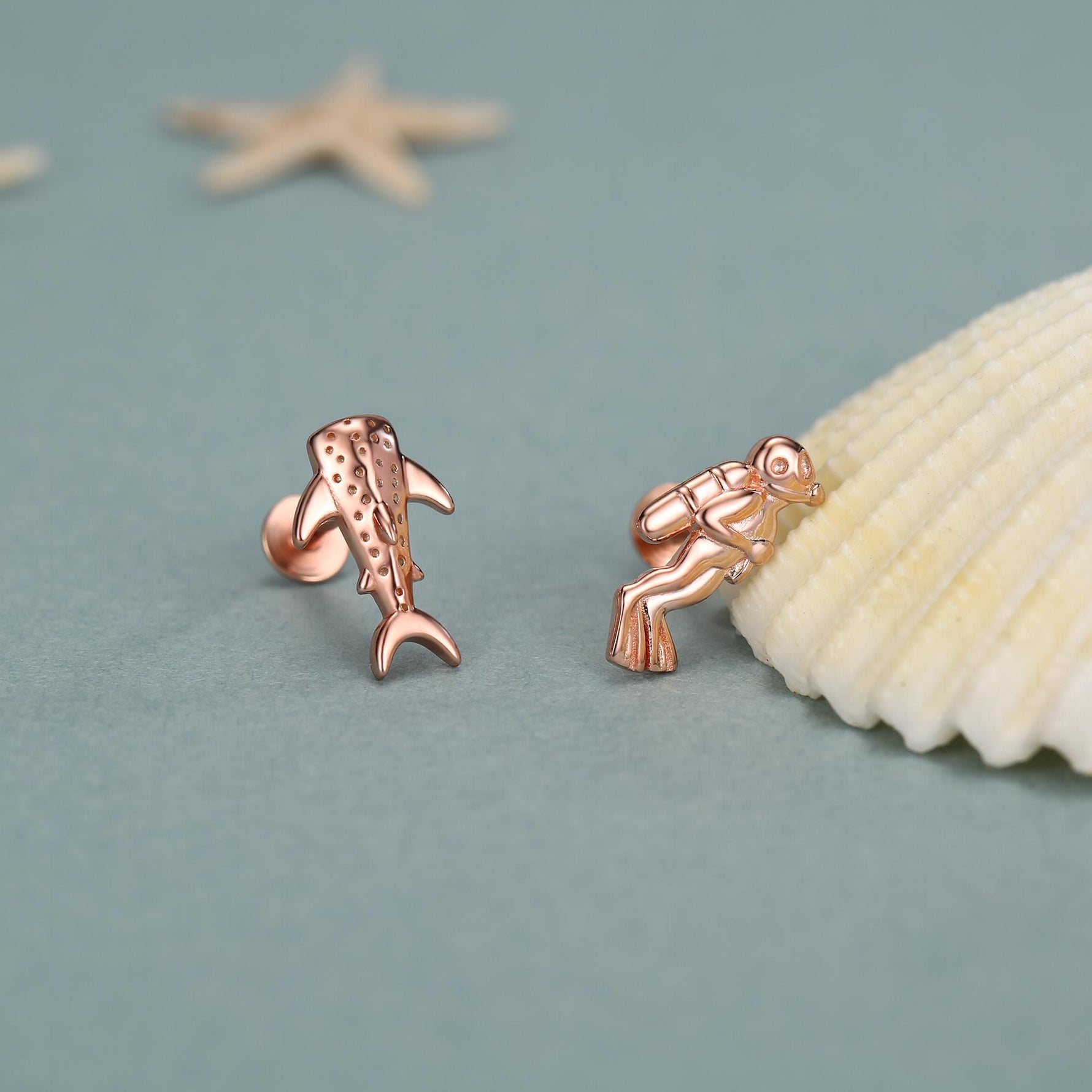 Sterling Silver Diver and Whale Shark Mismatched 16G Flat Back Labret Earrings