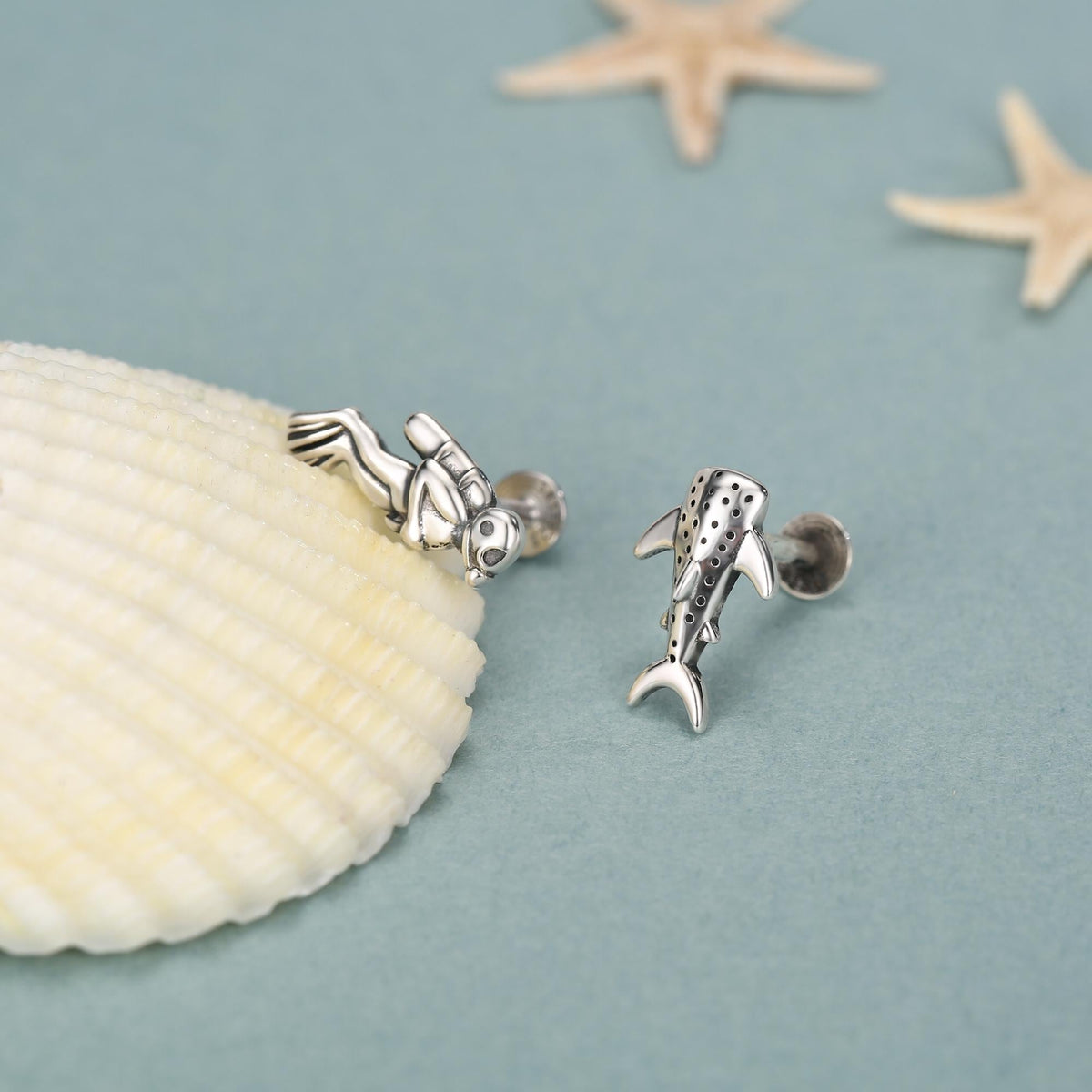 Sterling Silver Diver and Whale Shark Mismatched 16G Flat Back Labret Earrings