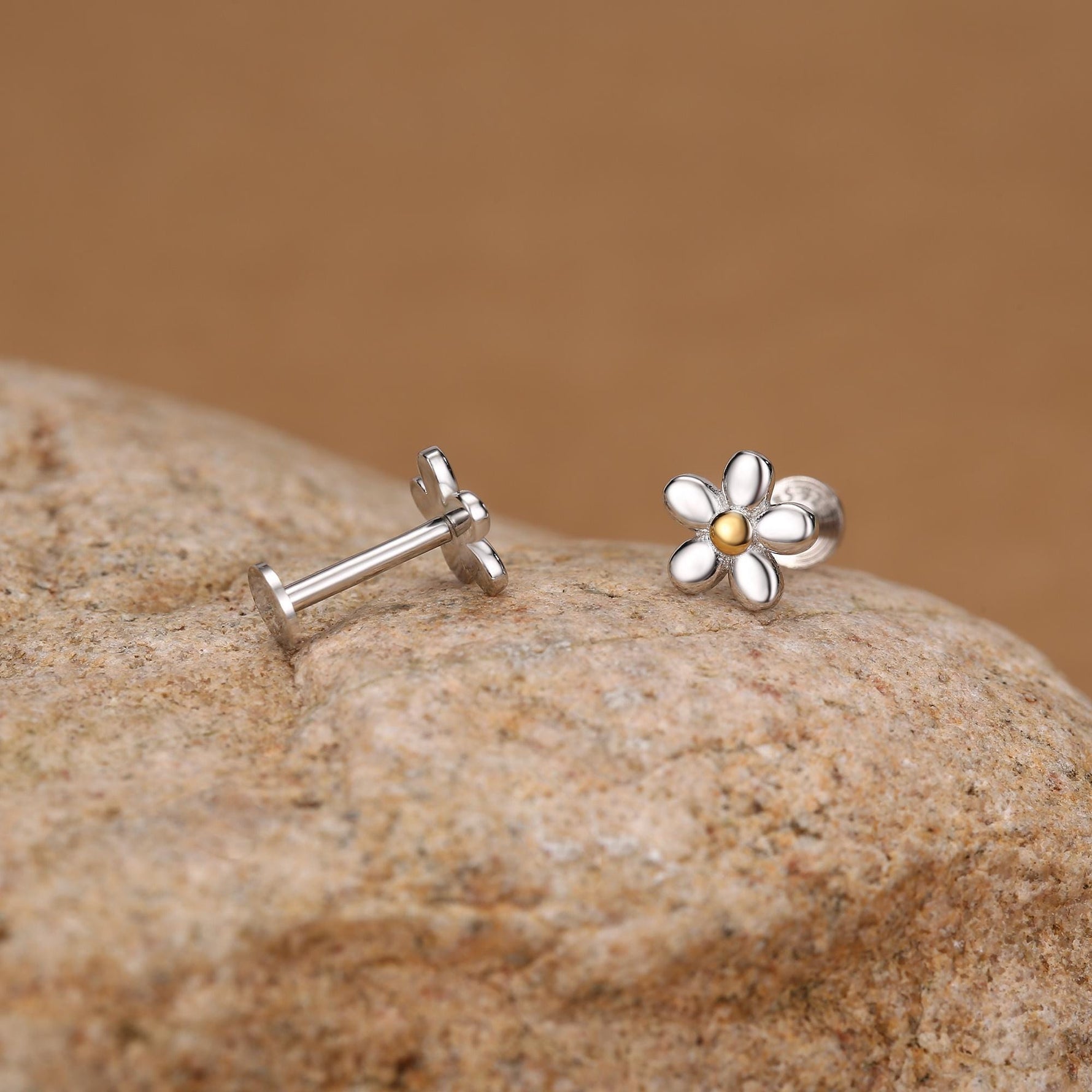 Sterling Silver Daisy 16G Internally Threaded Flat Back Earrings