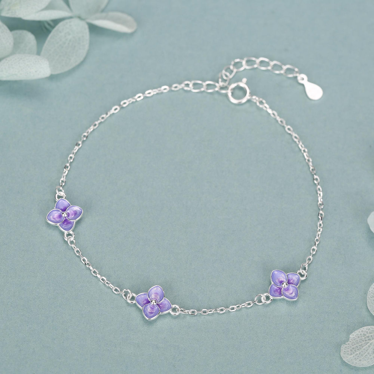 Sterling Silver Purple Enamel Hydrangea Flower Bracelet