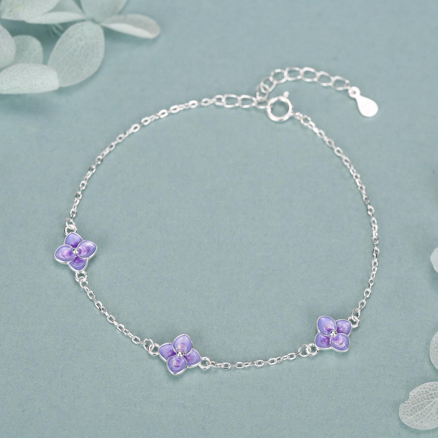 Sterling Silver Purple Enamel Hydrangea Flower Bracelet