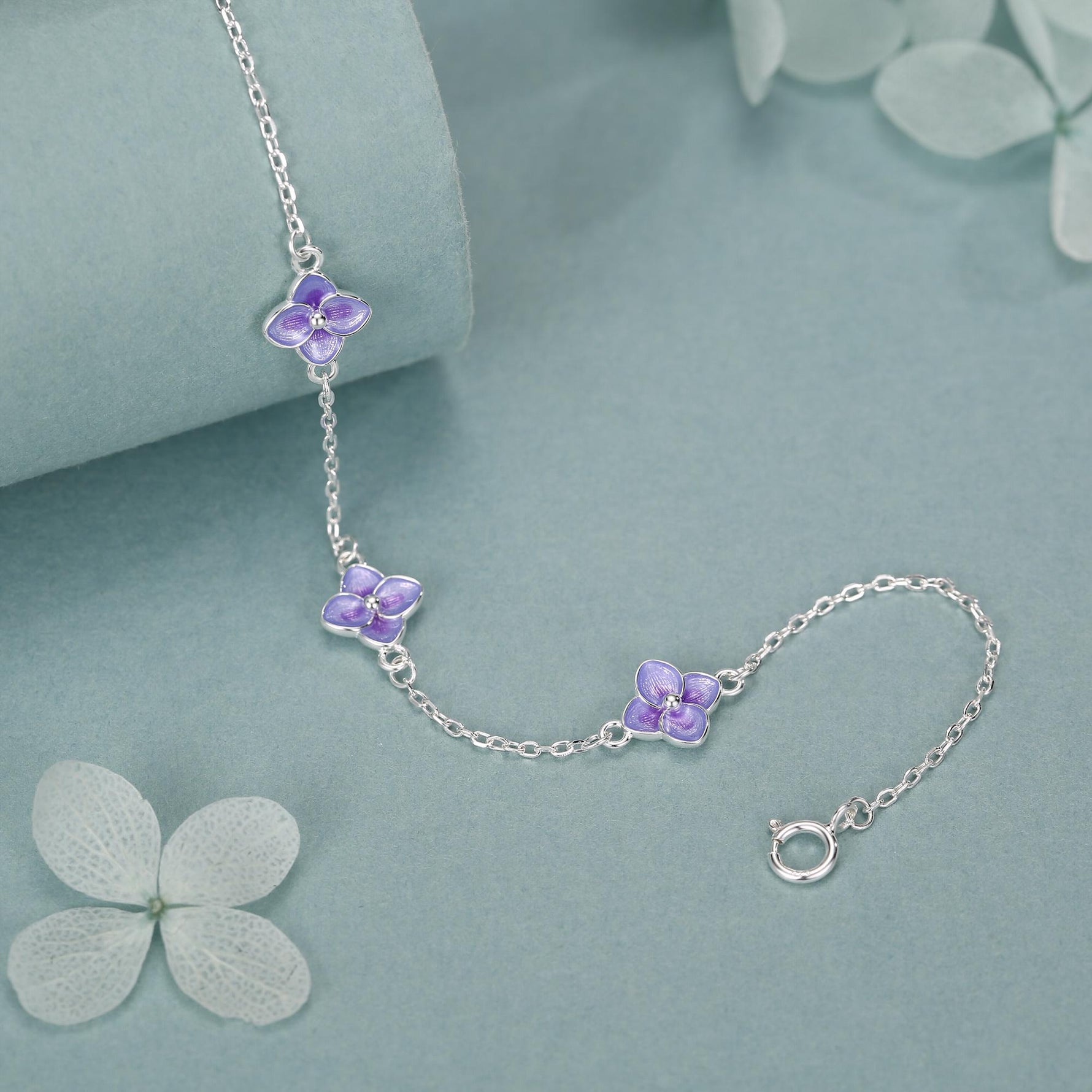 Sterling Silver Purple Enamel Hydrangea Flower Bracelet
