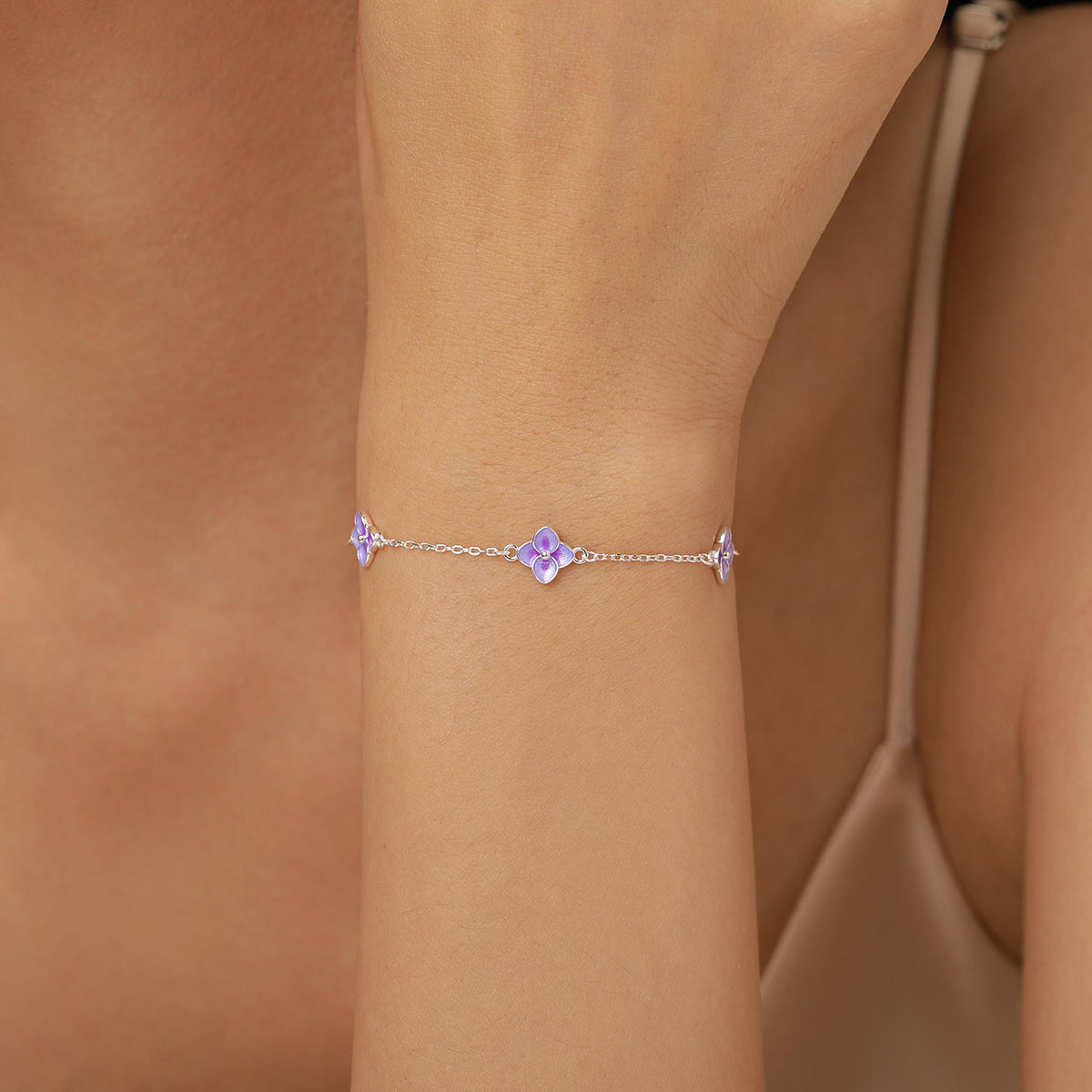 Sterling Silver Purple Enamel Hydrangea Flower Bracelet