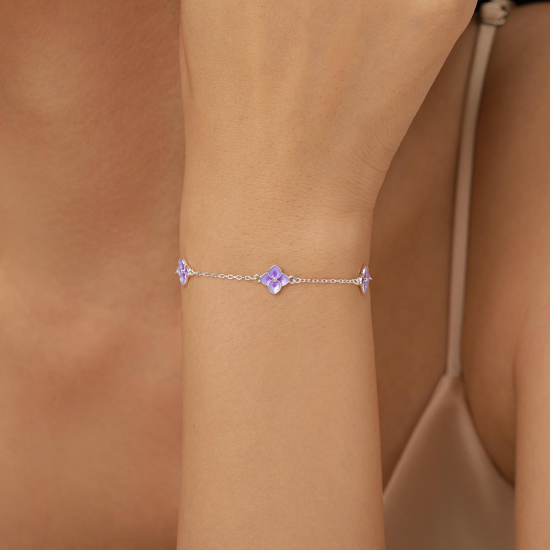 Sterling Silver Purple Enamel Hydrangea Flower Bracelet