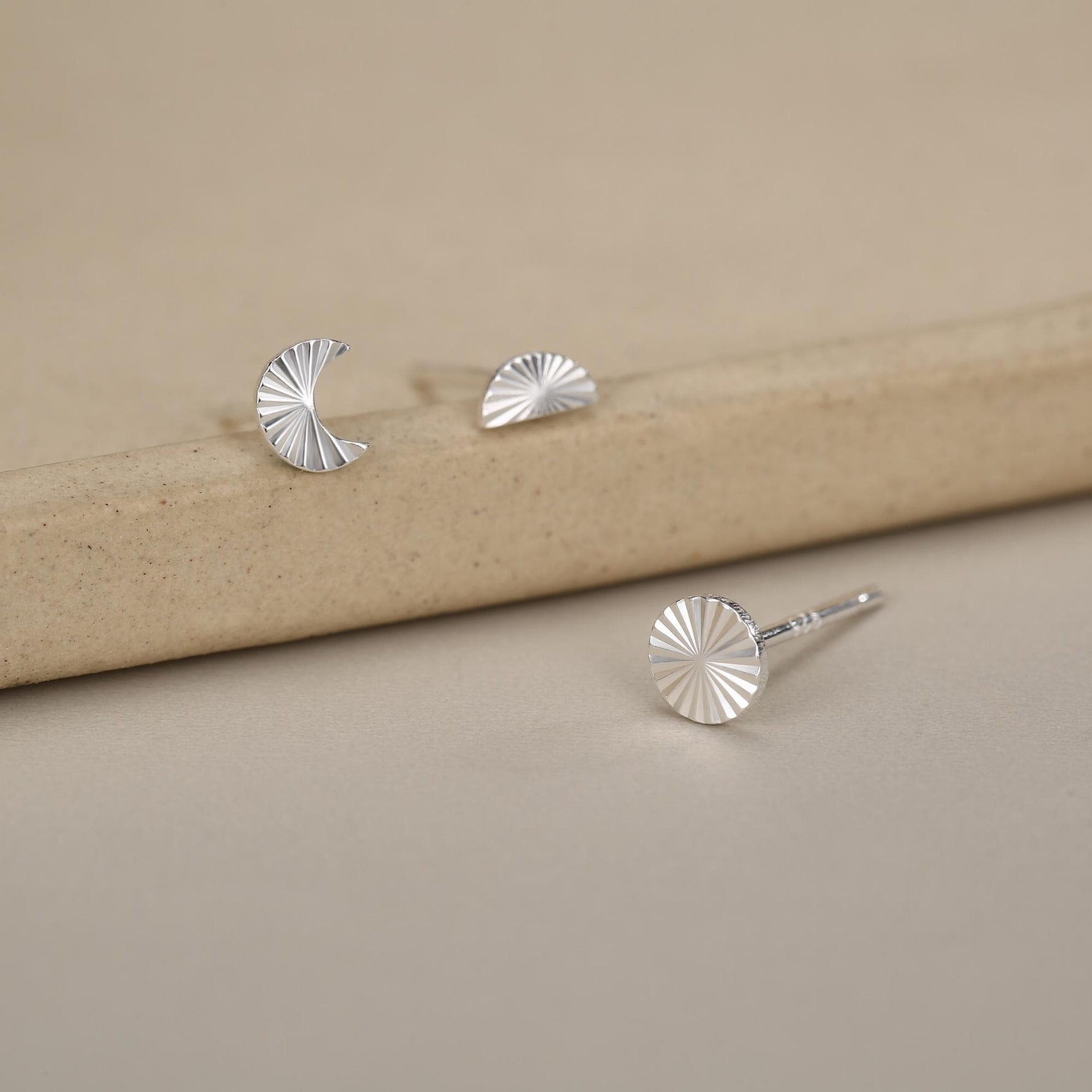 Sterling Silver Sunburst Moon and Sun Mismatch Stud Earrings