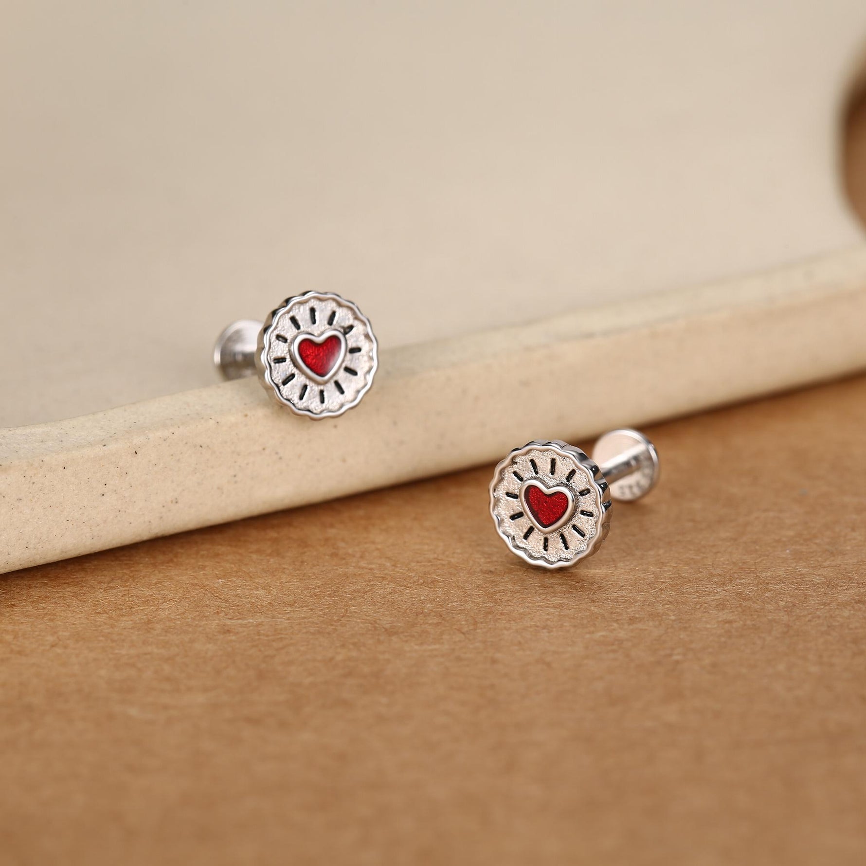 Sterling Silver Red Heart Biscuit 16G Flat Back Labret Earrings