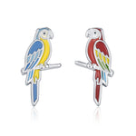 Sterling Silver Mismatched Enamel Parrot 16G Flatback Earrings