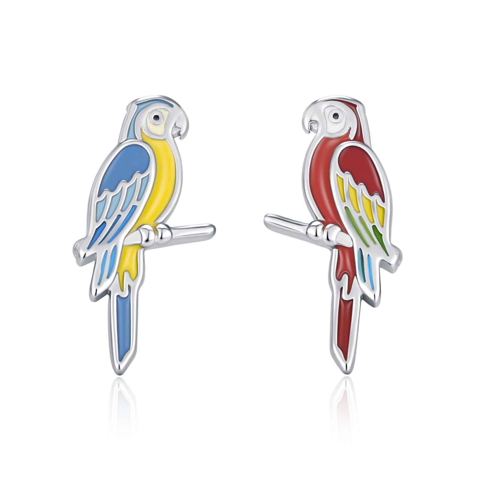 Sterling Silver Mismatched Enamel Parrot 16G Flatback Earrings