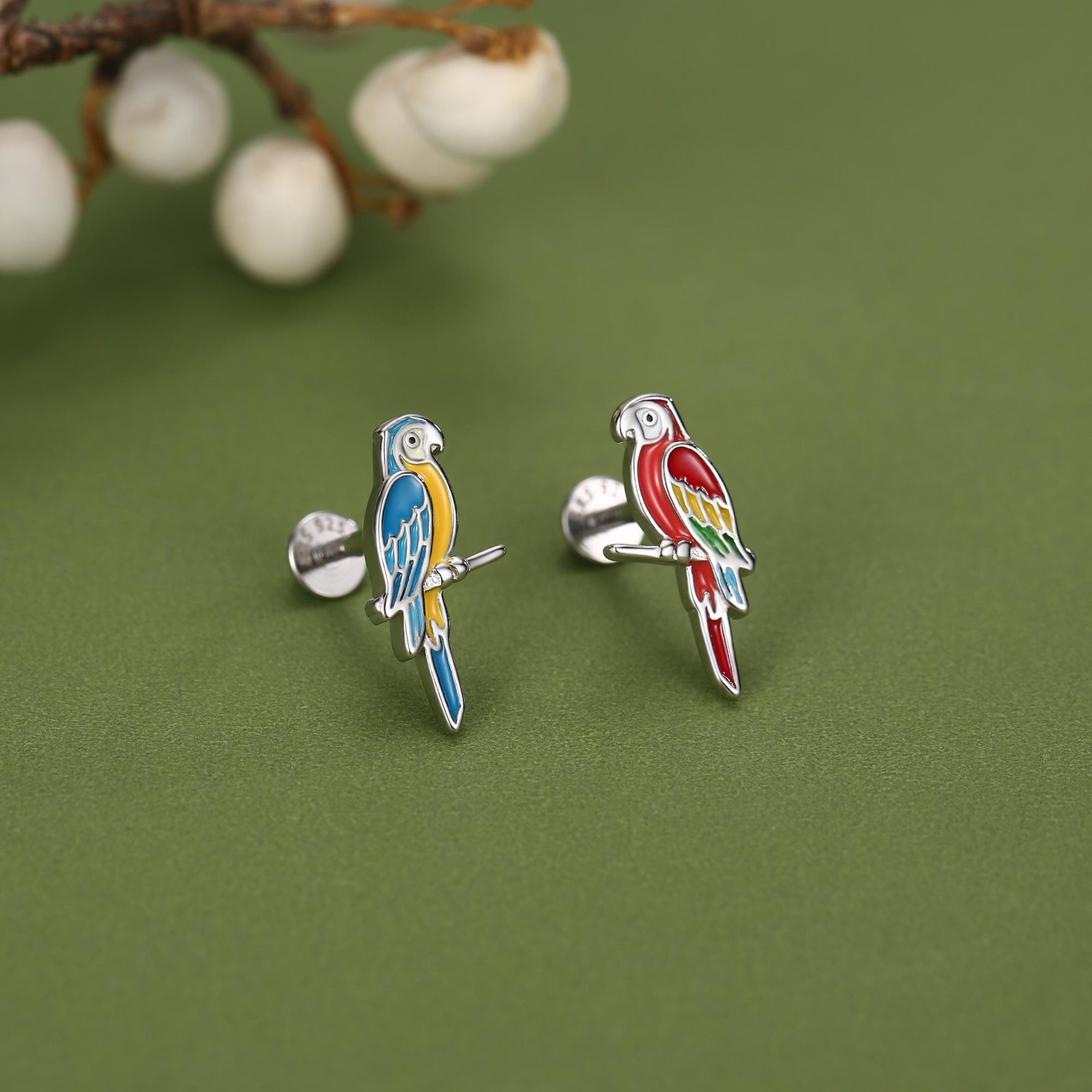 Sterling Silver Mismatched Enamel Parrot 16G Flatback Earrings