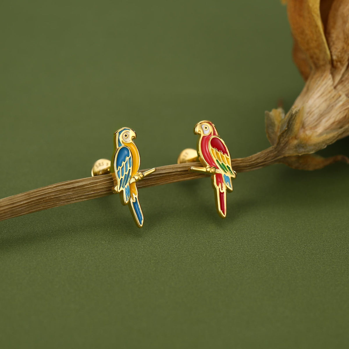 Sterling Silver Mismatched Enamel Parrot 16G Flatback Earrings
