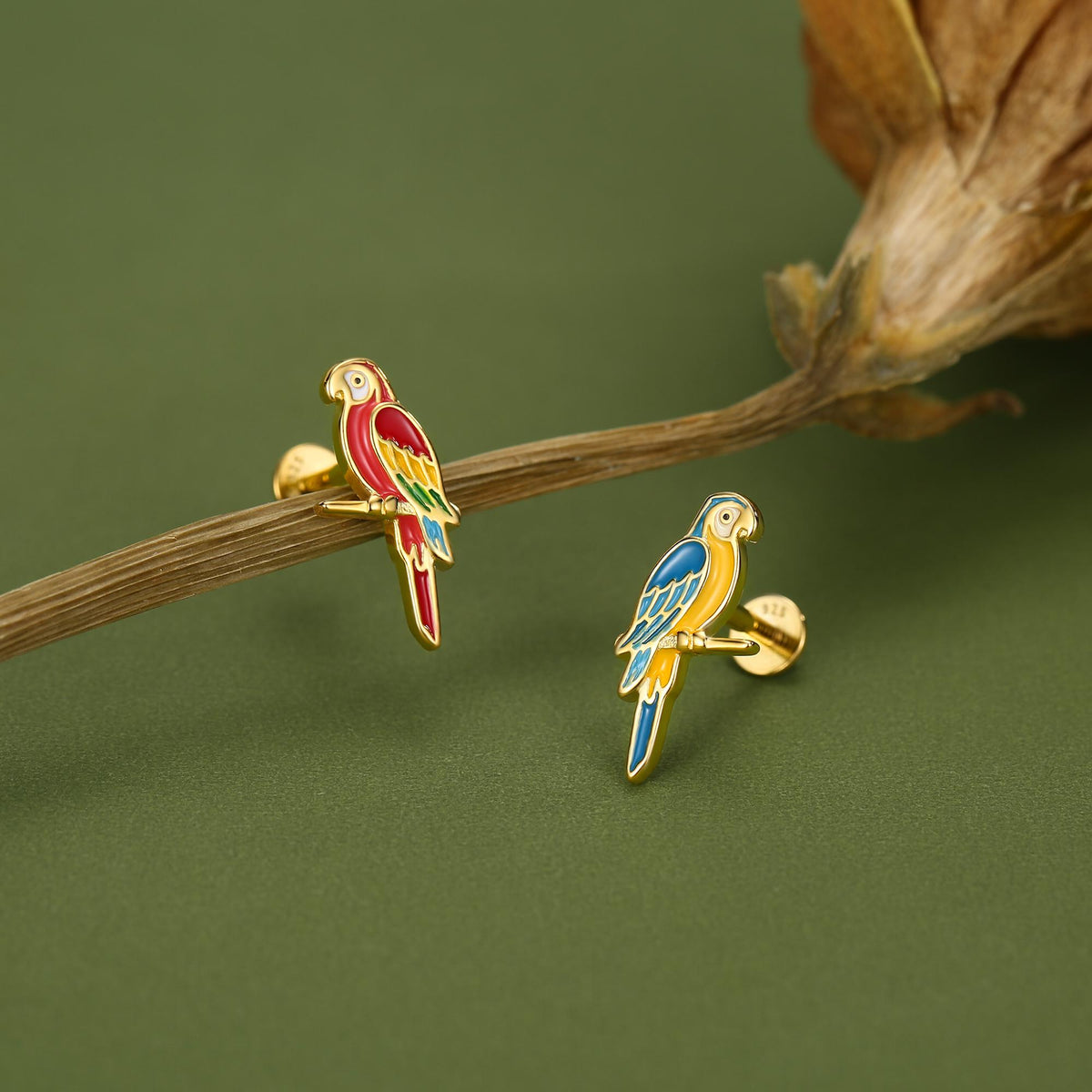 Sterling Silver Mismatched Enamel Parrot 16G Flatback Earrings
