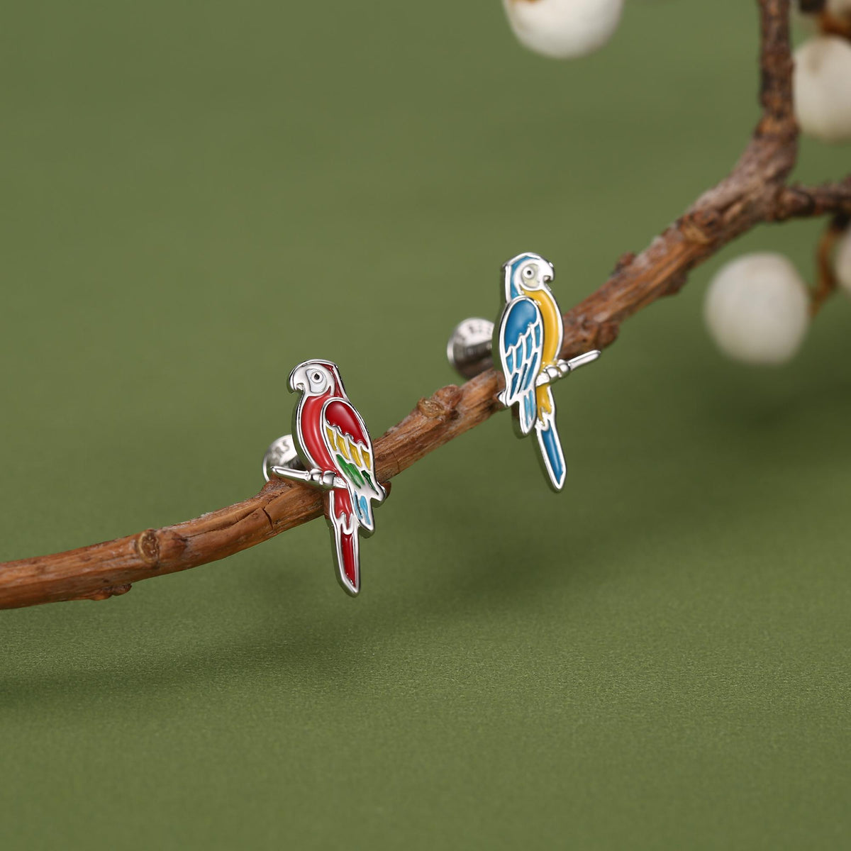 Sterling Silver Mismatched Enamel Parrot 16G Flatback Earrings