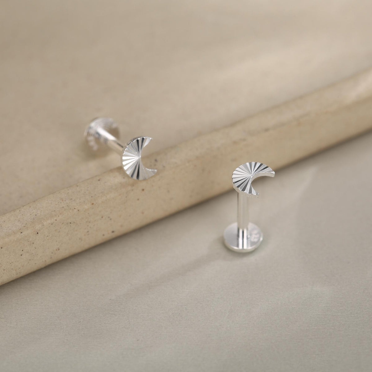 Sterling Silver Sunburst Moon 16G Internally Threaded Flat Back Earrings