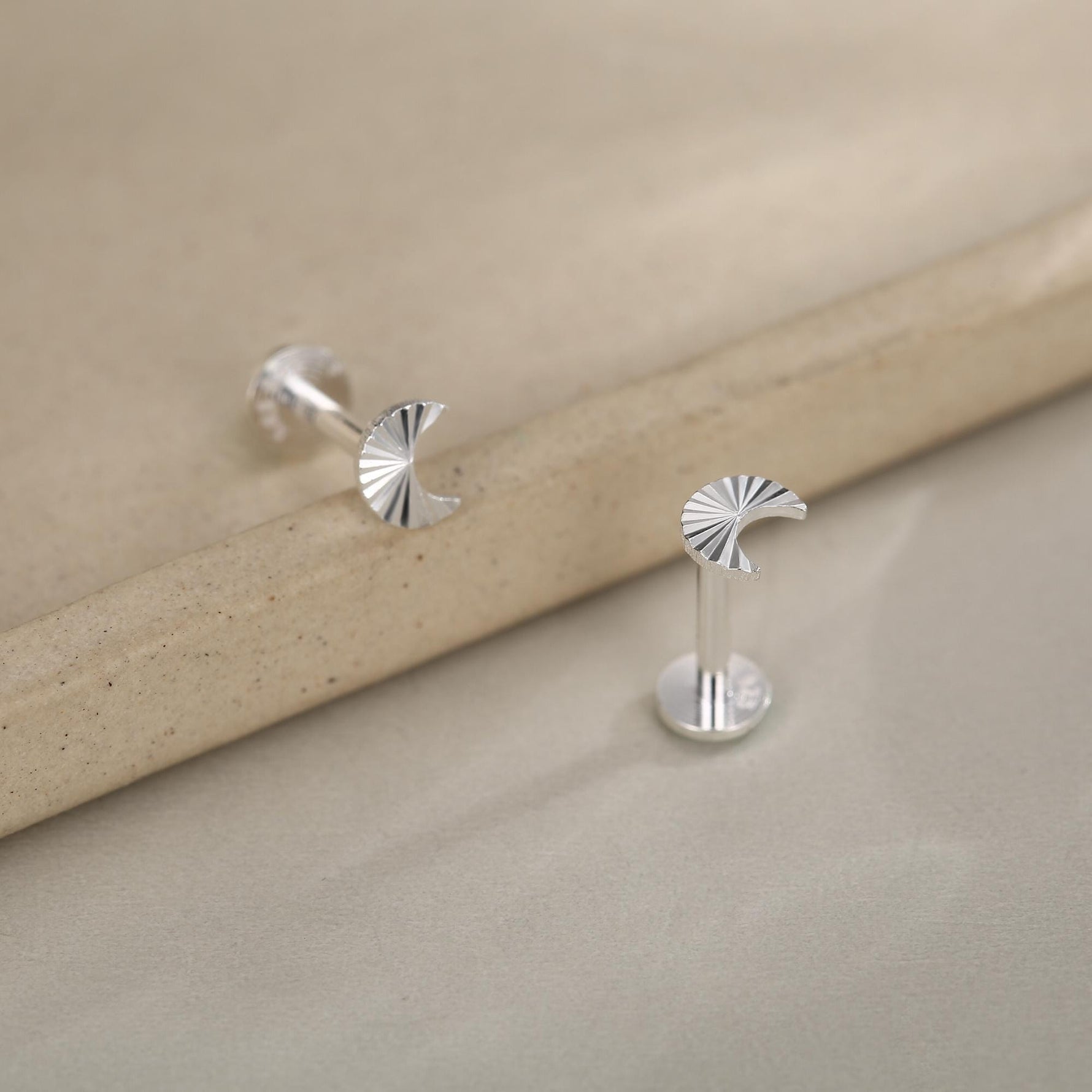 Sterling Silver Sunburst Moon 16G Internally Threaded Flat Back Earrings