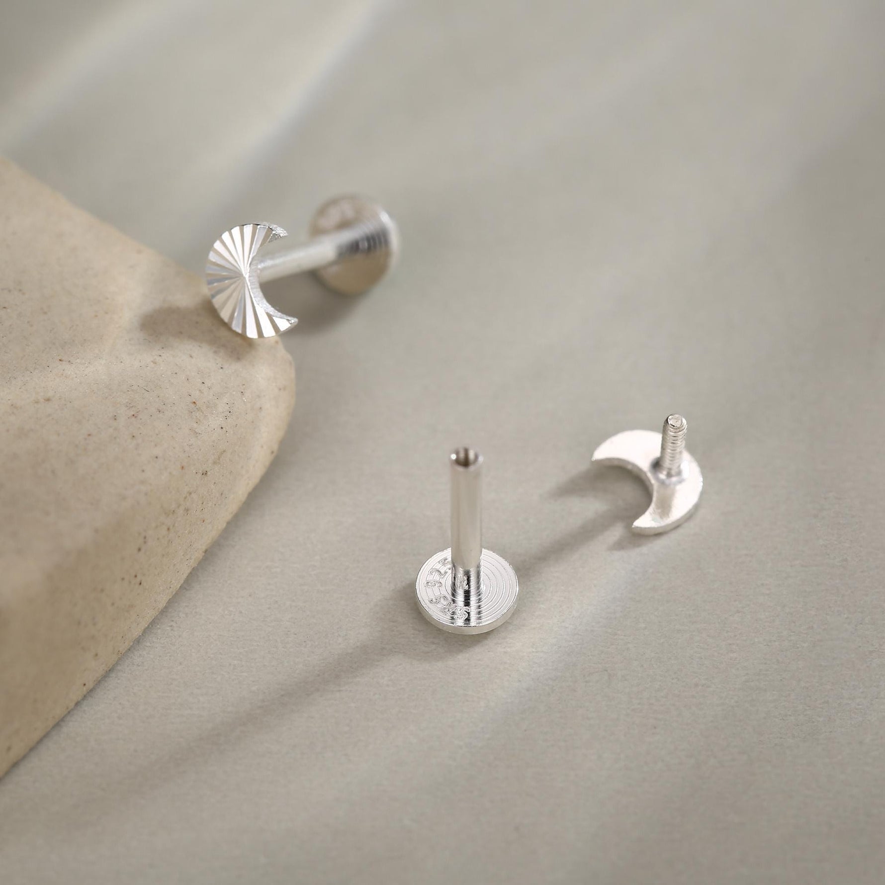 Sterling Silver Sunburst Moon 16G Internally Threaded Flat Back Earrings