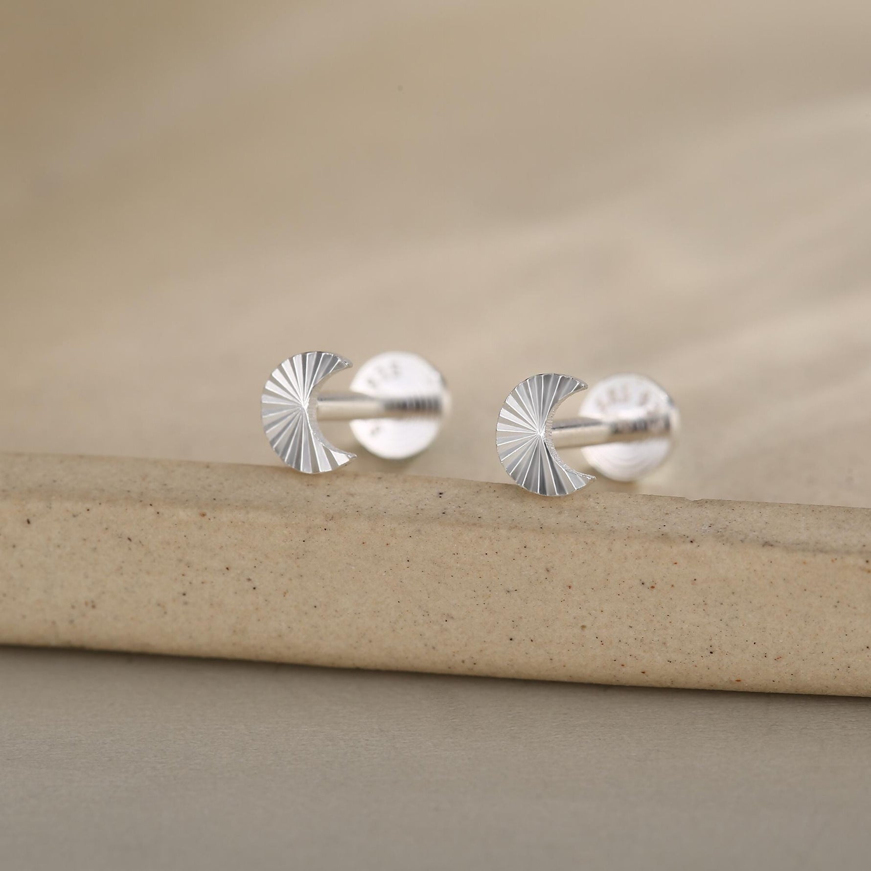 Sterling Silver Sunburst Moon 16G Internally Threaded Flat Back Earrings