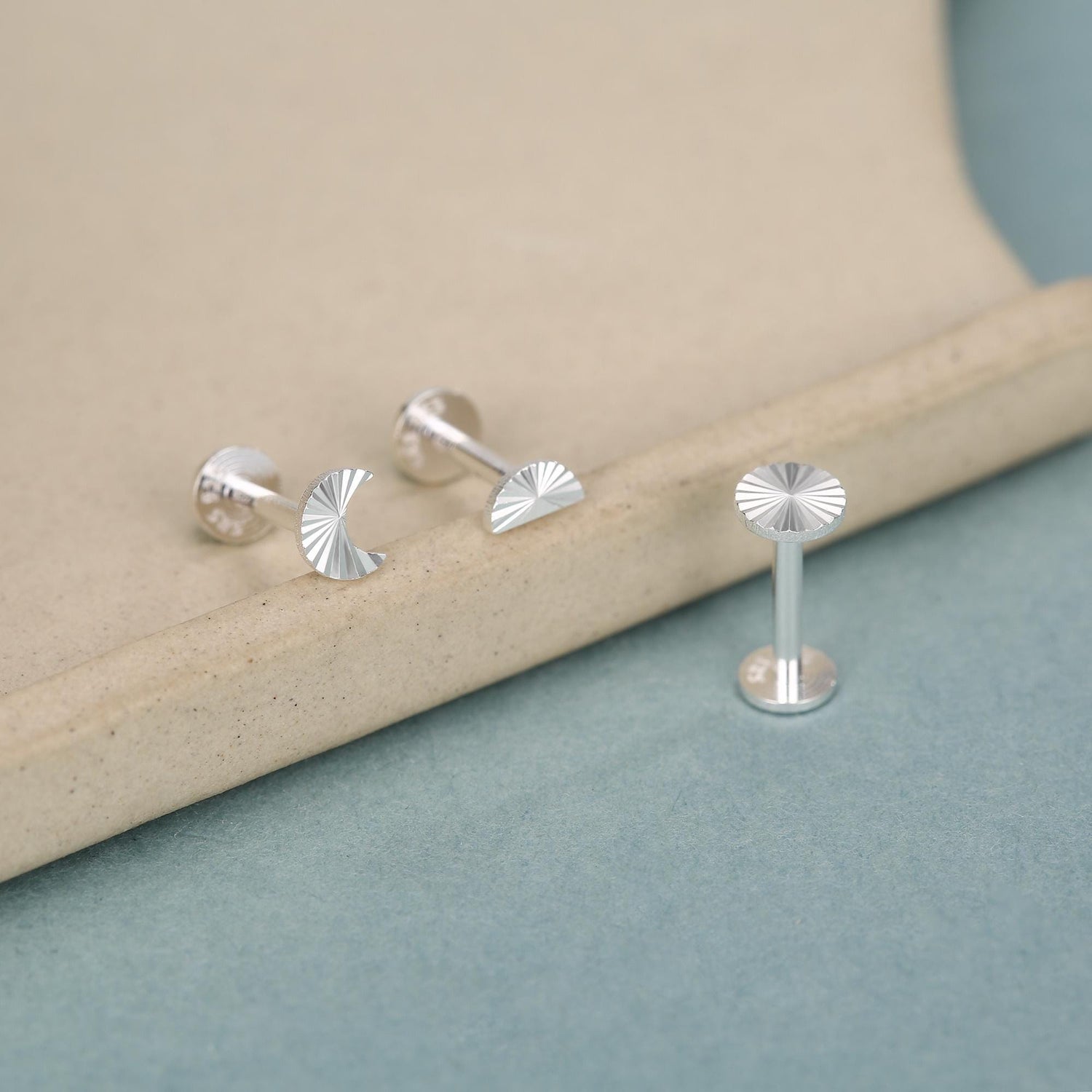 Sterling Silver Sunburst Moon Sun 16G Internally Threaded Flat Back Labret Earrings