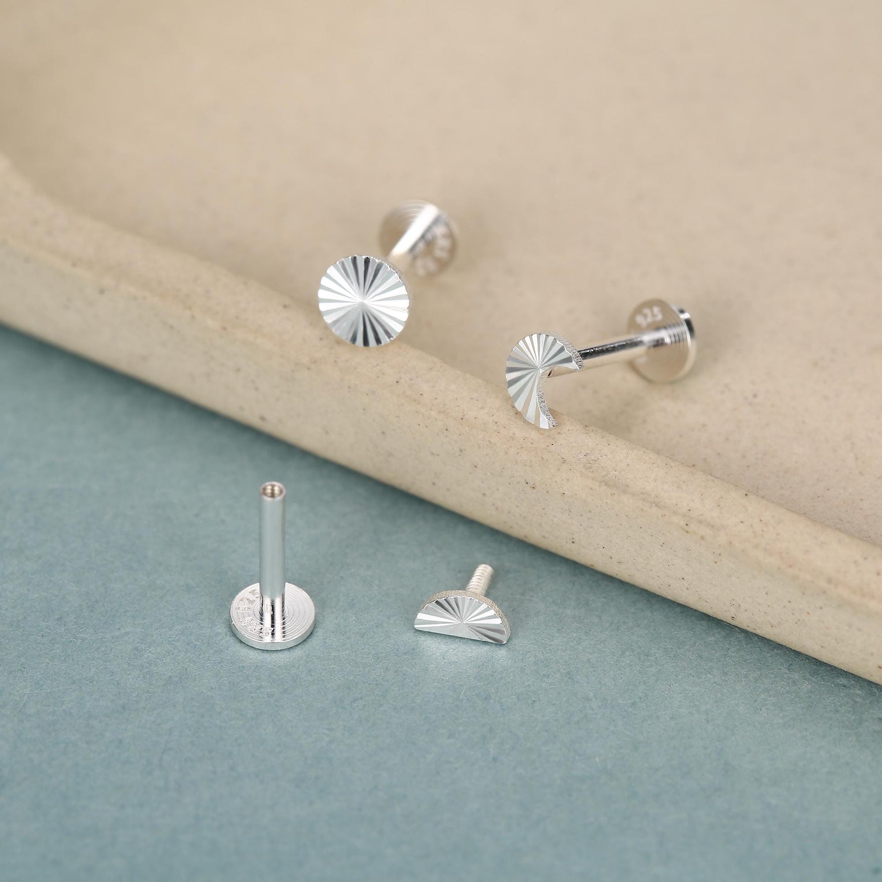 Sterling Silver Sunburst Moon Sun 16G Internally Threaded Flat Back Labret Earrings