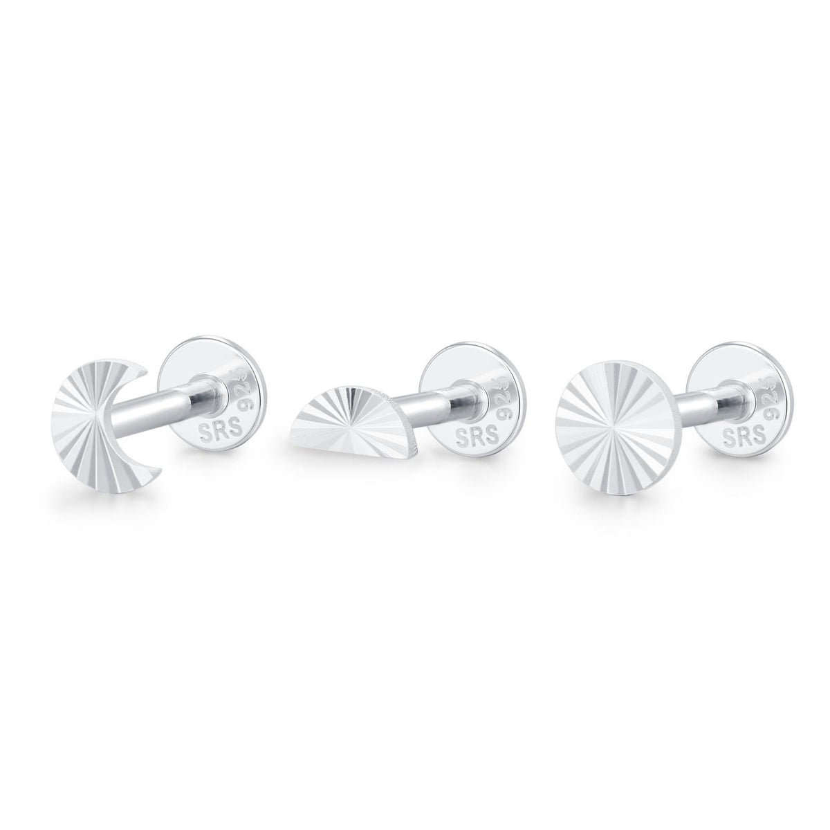 Sterling Silver Sunburst Moon Sun 16G Internally Threaded Flat Back Labret Earrings