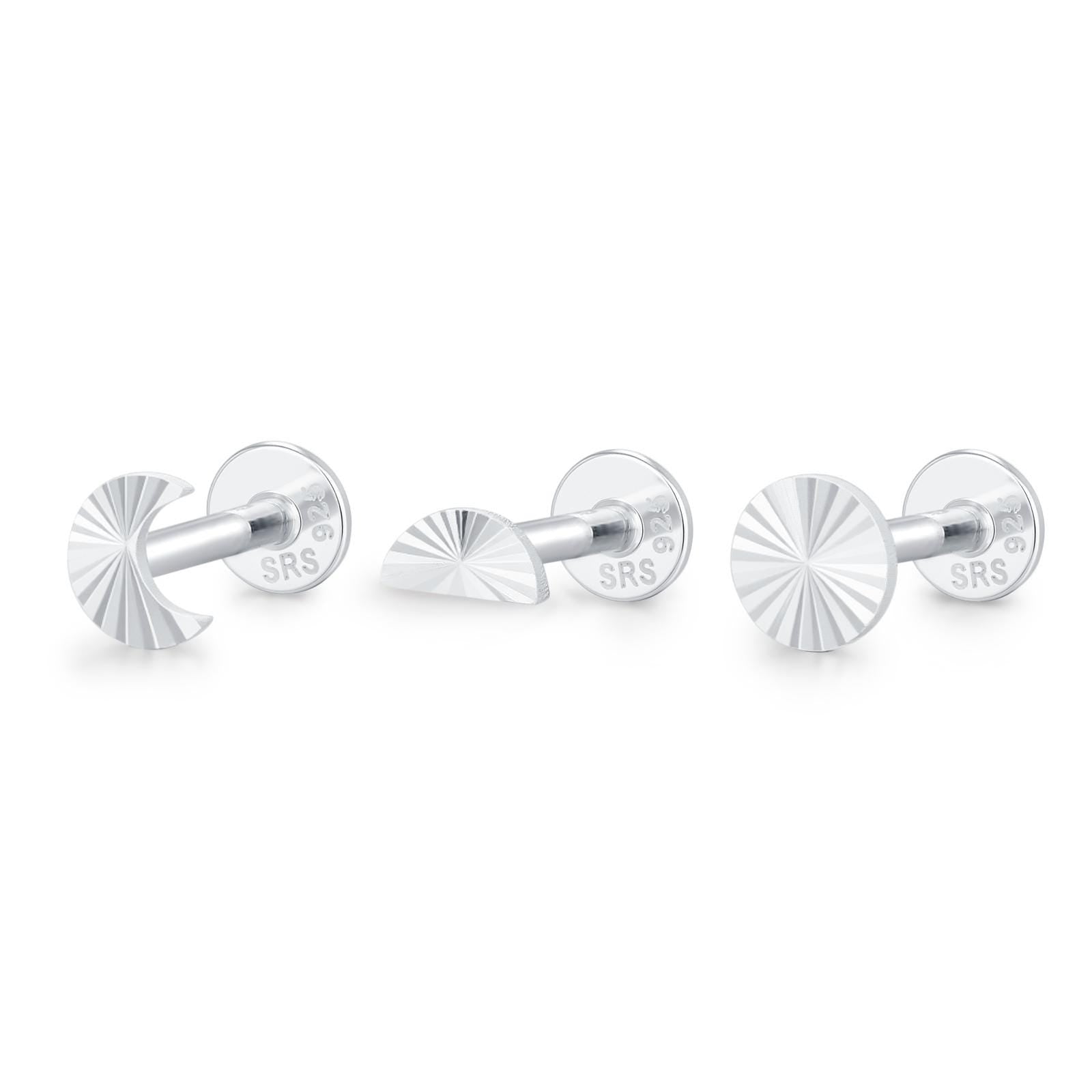 Sterling Silver Sunburst Moon Sun 16G Internally Threaded Flat Back Labret Earrings