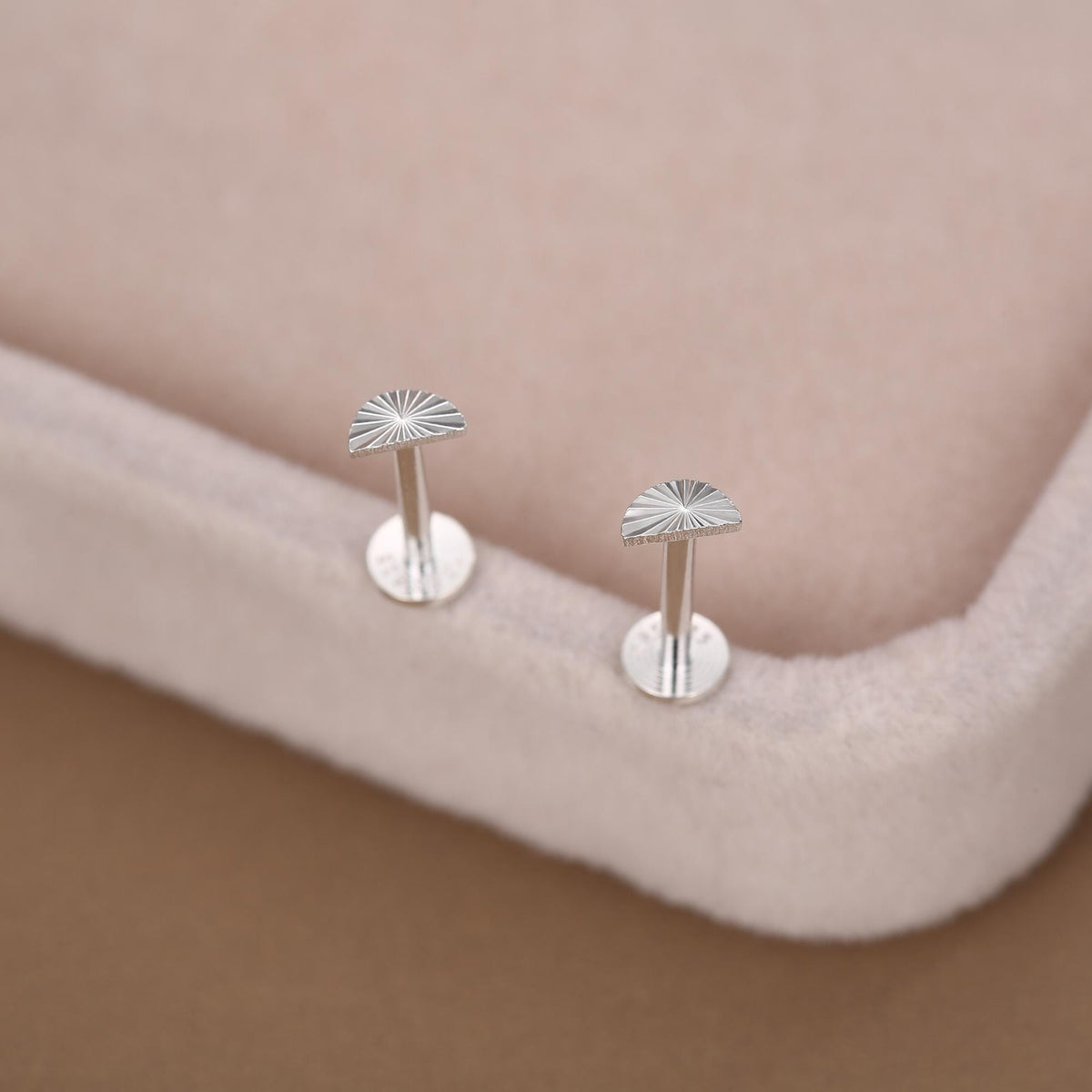 Sterling Silver Sunburst crescent Moon 16G internally threaded Flat Back Labret Earrings