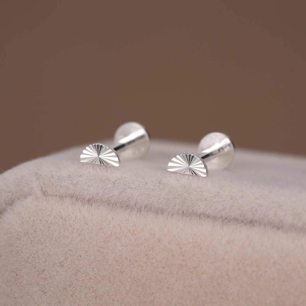 Sterling Silver Sunburst crescent Moon 16G internally threaded Flat Back Labret Earrings